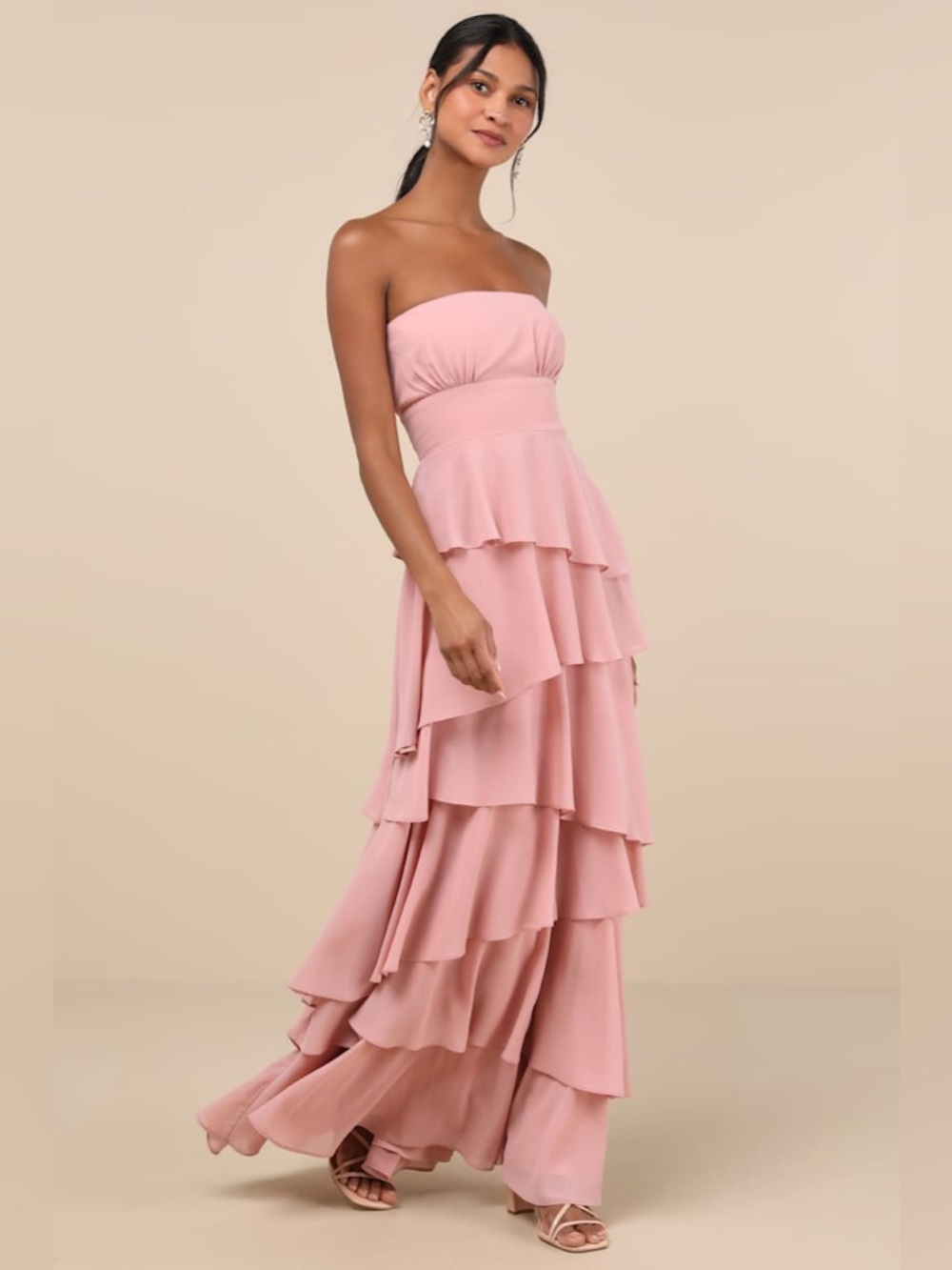 Lulus Gorgeous Essence Blush Strapless Tiered Maxi Dress